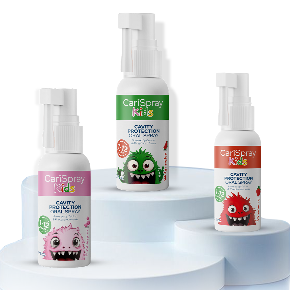 CariSpray Kids cavity protection spray in watermelon bubblegum strawberry flavors