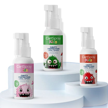 CariSpray Kids cavity protection spray in watermelon bubblegum strawberry flavors